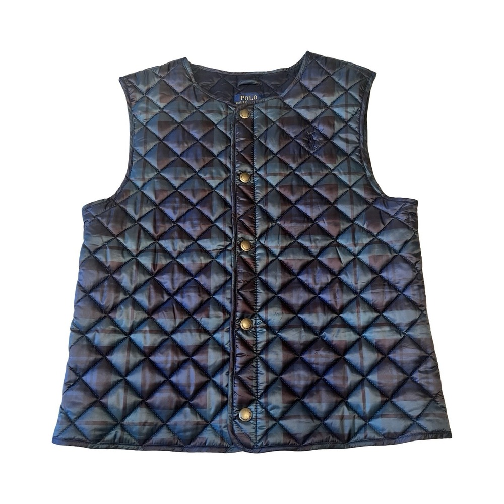 Polo Ralph Lauren Kids Blue Green Blackwatch Plaid Quilted Vest Sz 12 Snap Front